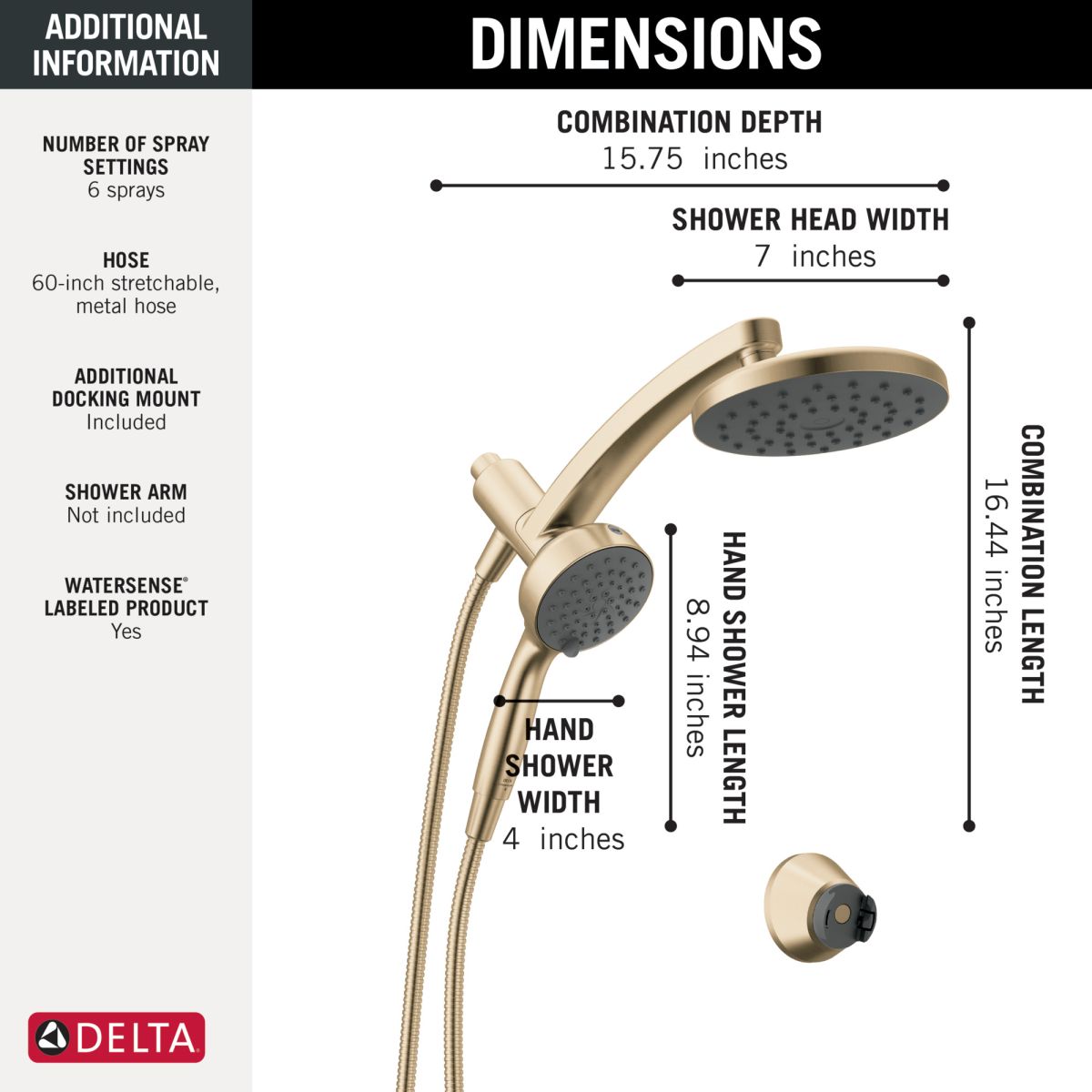 DELTA Universal Showering Components PivotPro 3-in-1 Combination Shower with TouchClean Spray Face — Champagne Bronze