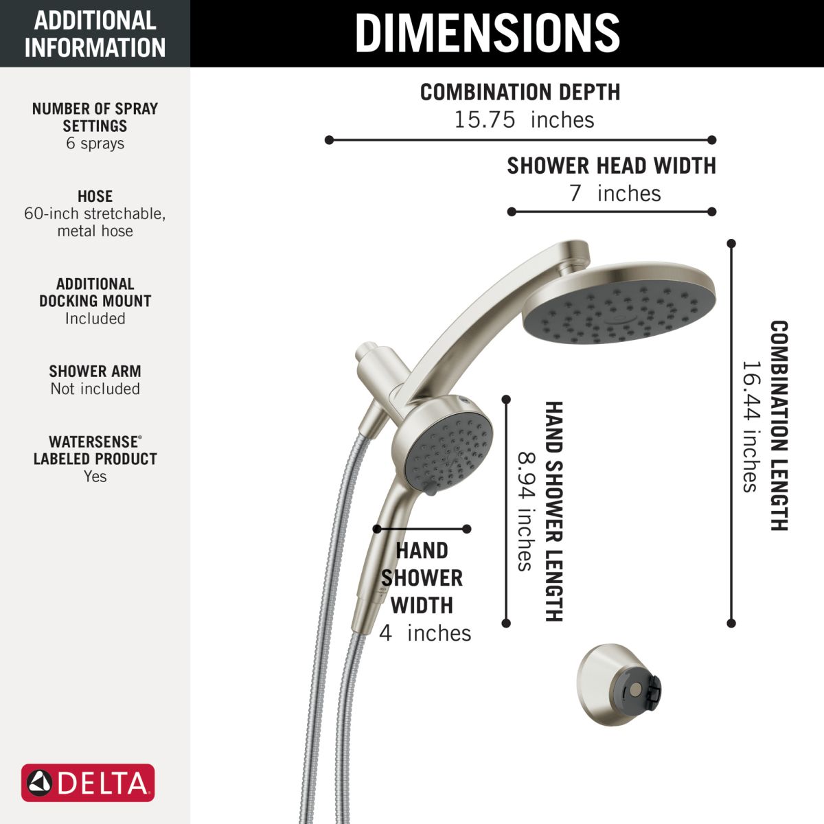 DELTA Universal Showering Components PivotPro 3-in-1 Combination Shower with TouchClean Spray Face — Spotshield Brushed Nickel