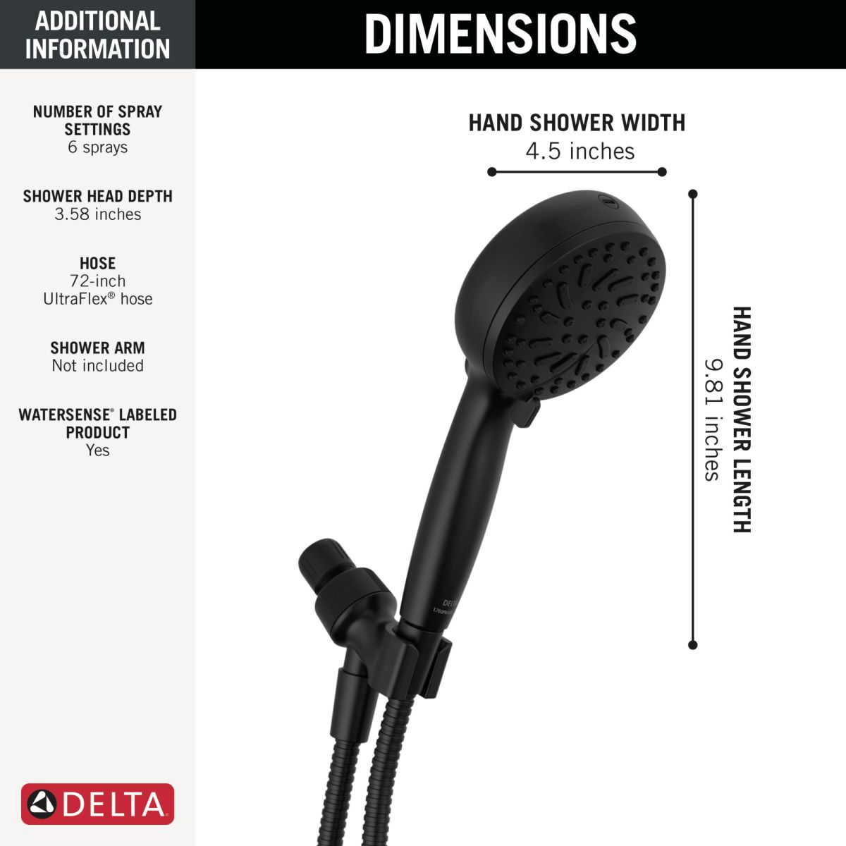 DELTA Universal Showering Components 6-Setting Hand Shower with Cleaning Spray — Matte Black