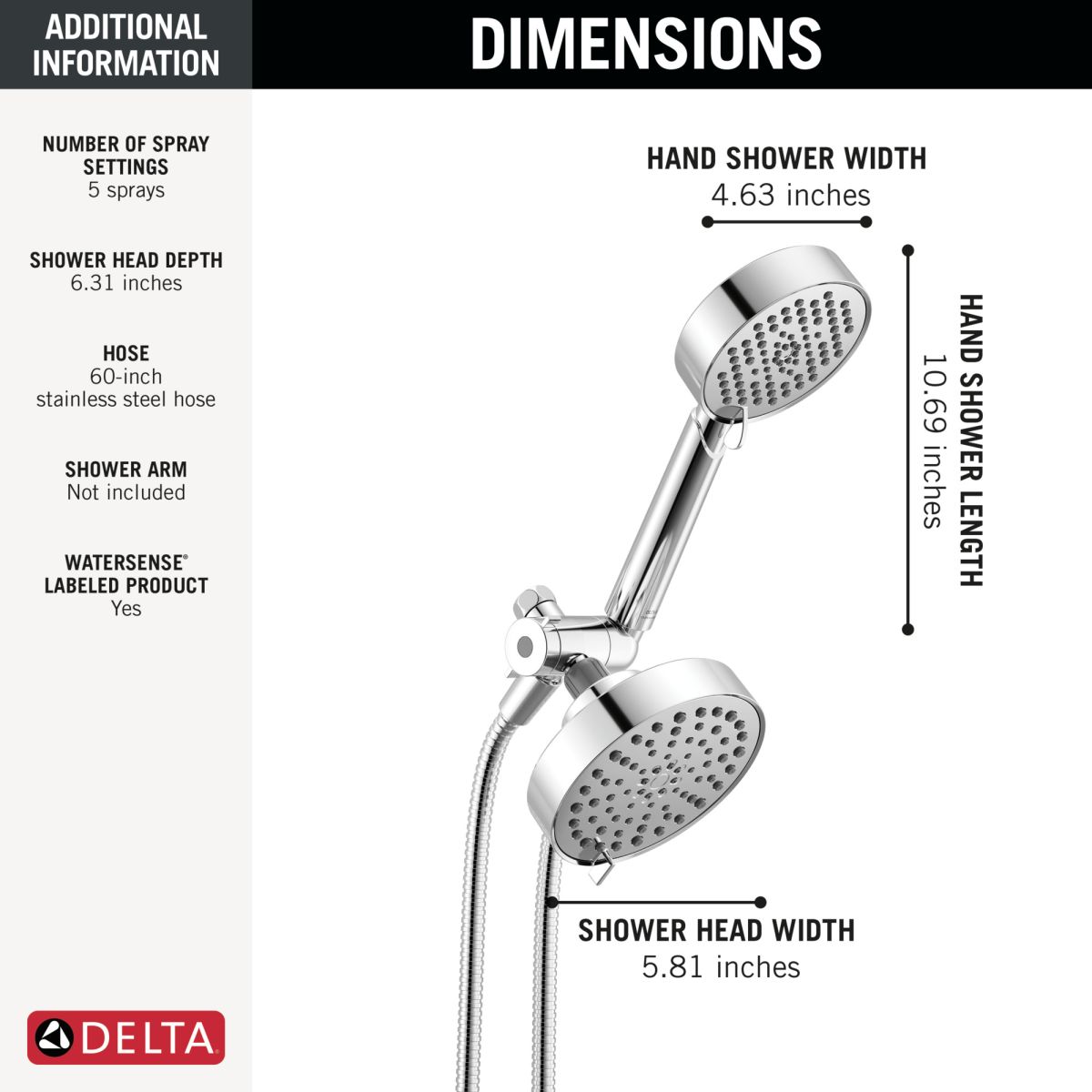 DELTA Universal Showering Components 5-Setting Two-in-One Combination Shower with Additional Mount — Chrome