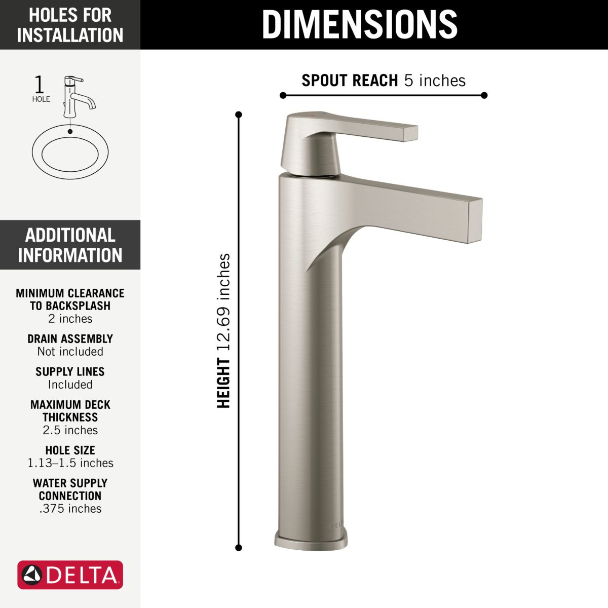DELTA Zura Single Handle Vessel Bathroom Faucet — Stainless