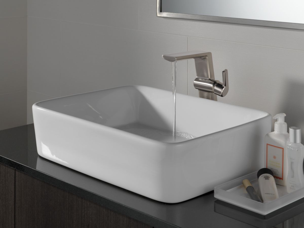 DELTA Pivotal Single Handle Vessel Bathroom Faucet — Lumicoat® Stainless