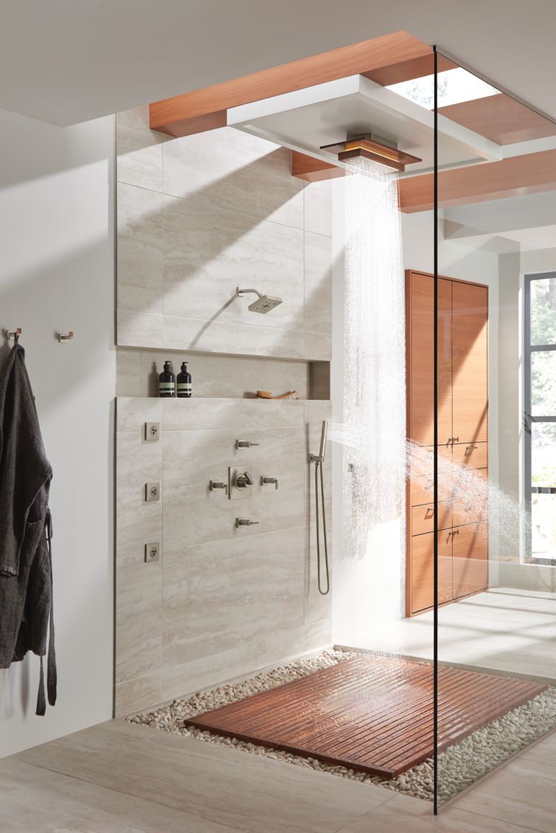 BRIZO Frank Lloyd Wright 21” Single-Function Raincan Shower Head with Integrated Lighting - 1.75 GPM — Luxe Nickel / Teak Wood