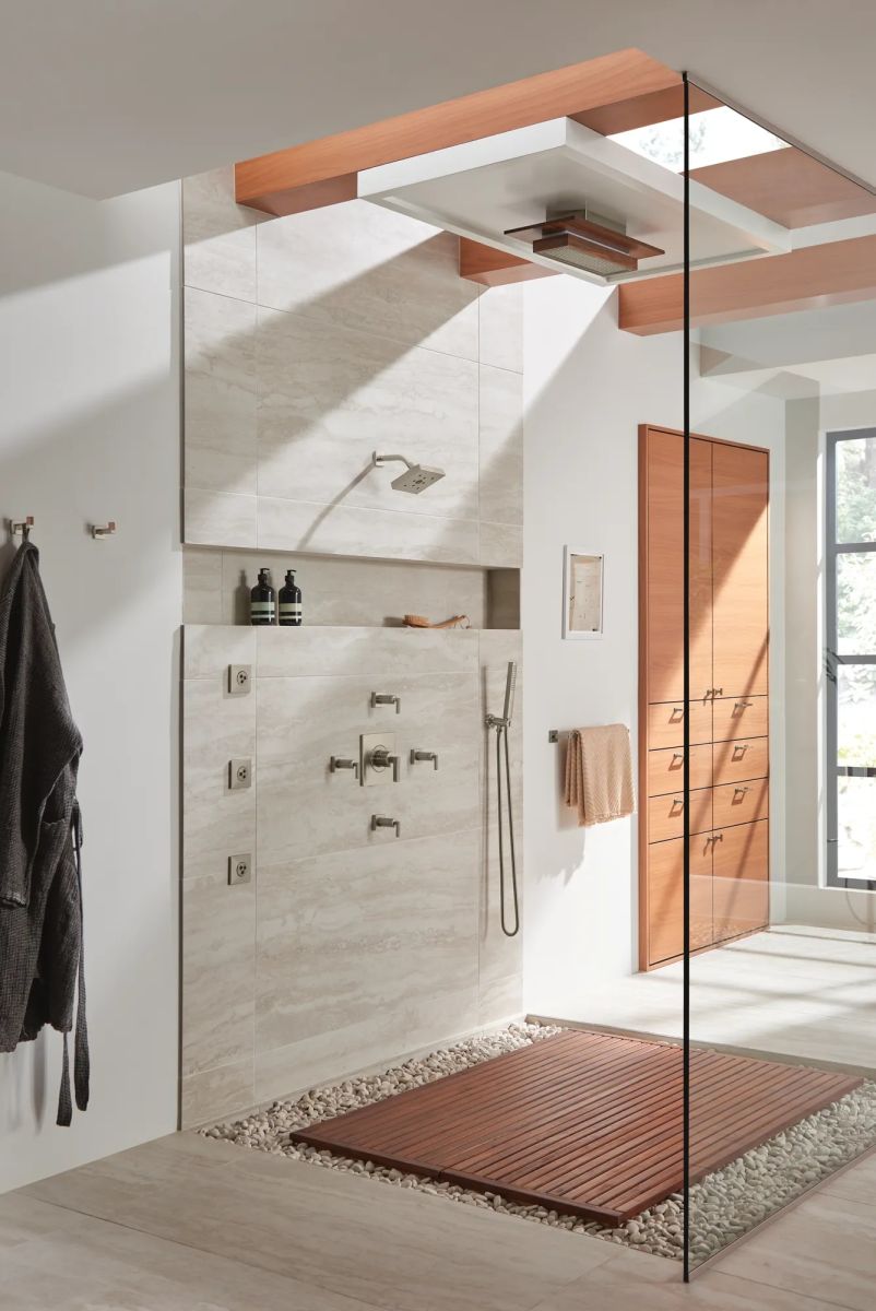 BRIZO Frank Lloyd Wright 21” Single-Function Raincan Shower Head with Integrated Lighting - 1.75 GPM — Luxe Nickel / Teak Wood