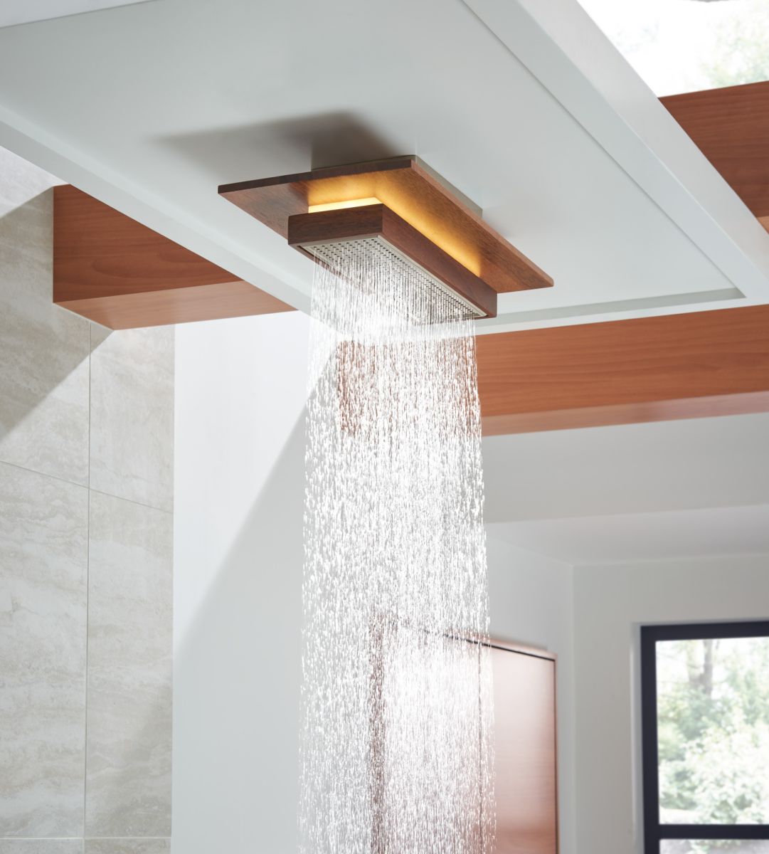 BRIZO Frank Lloyd Wright 21” Single-Function Raincan Shower Head with Integrated Lighting - 1.75 GPM — Luxe Nickel / Teak Wood