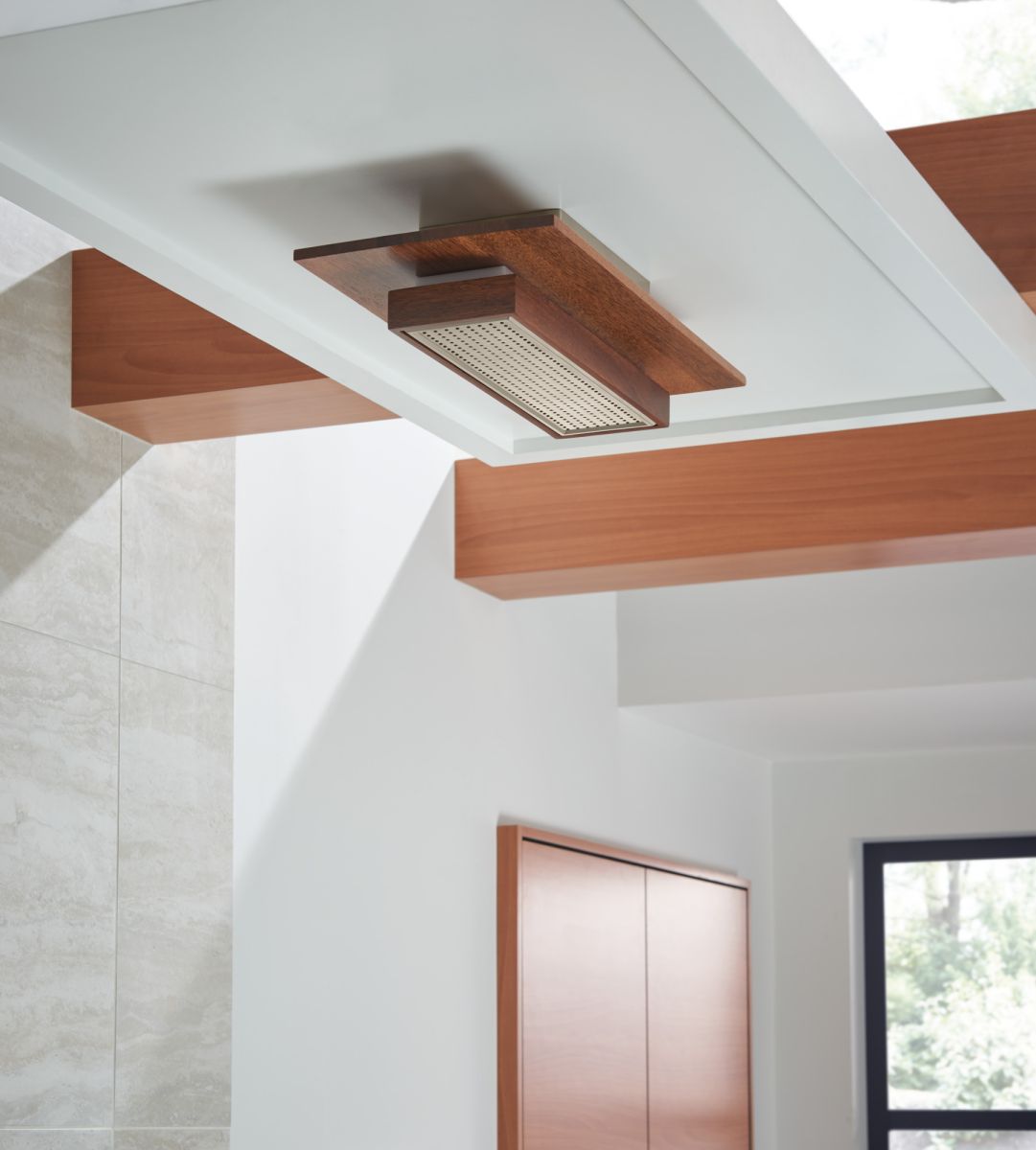 BRIZO Frank Lloyd Wright 21” Single-Function Raincan Shower Head with Integrated Lighting - 1.75 GPM — Luxe Nickel / Teak Wood