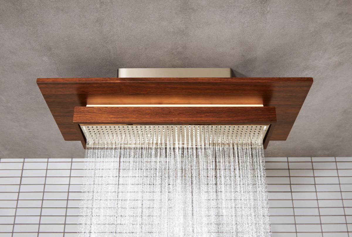 BRIZO Frank Lloyd Wright 21” Single-Function Raincan Shower Head with Integrated Lighting - 1.75 GPM — Polished Nickel Wood