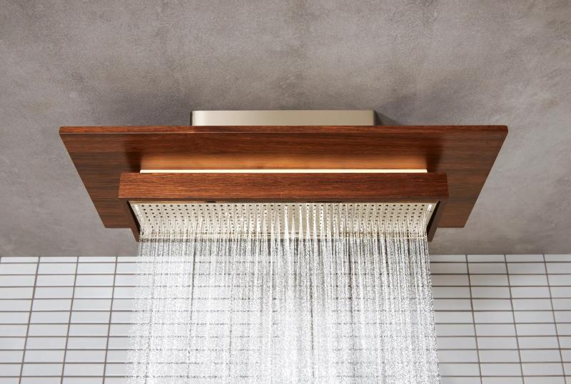 BRIZO Frank Lloyd Wright 21” Single-Function Raincan Shower Head with Integrated Lighting - 1.75 GPM — Polished Nickel Wood