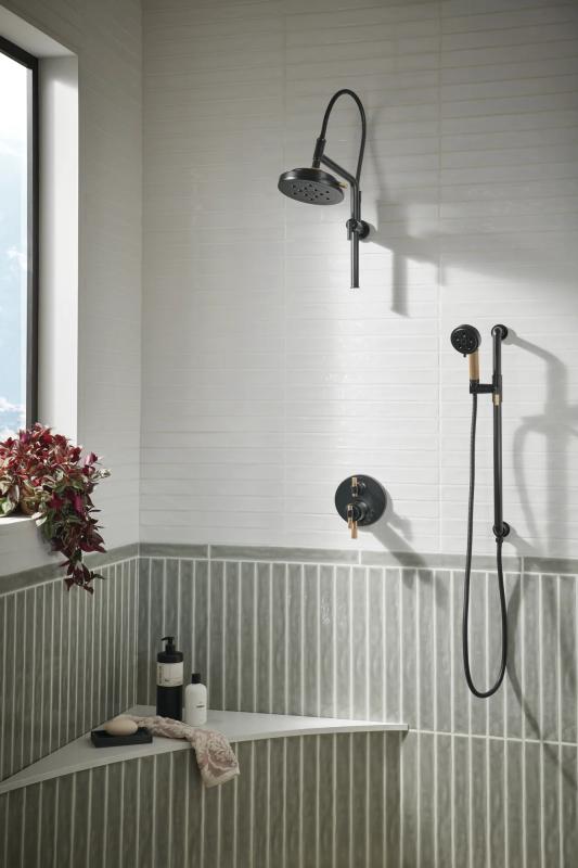 BRIZO Litze 8” H2Okinetic Round Multi-Function Wall Mount Showerhead — Matte Black/Luxe Gold
