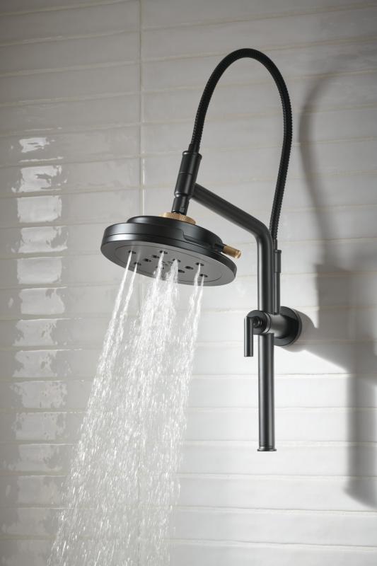 BRIZO Litze 8” H2Okinetic Round Multi-Function Wall Mount Showerhead — Matte Black/Luxe Gold