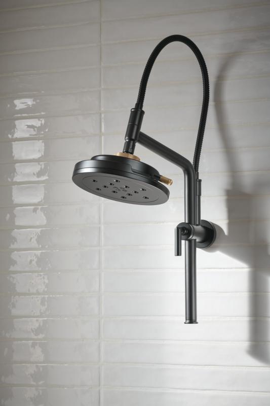 BRIZO Litze 8” H2Okinetic Round Multi-Function Wall Mount Showerhead — Matte Black/Luxe Gold