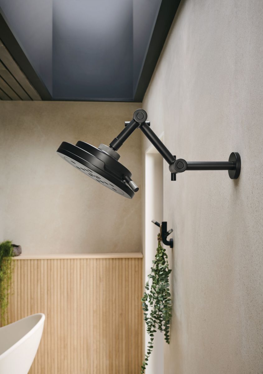 BRIZO Litze 8” H2Okinetic Round Multi-Function Wall Mount Showerhead — MATTE BLACK/LUXE STEEL