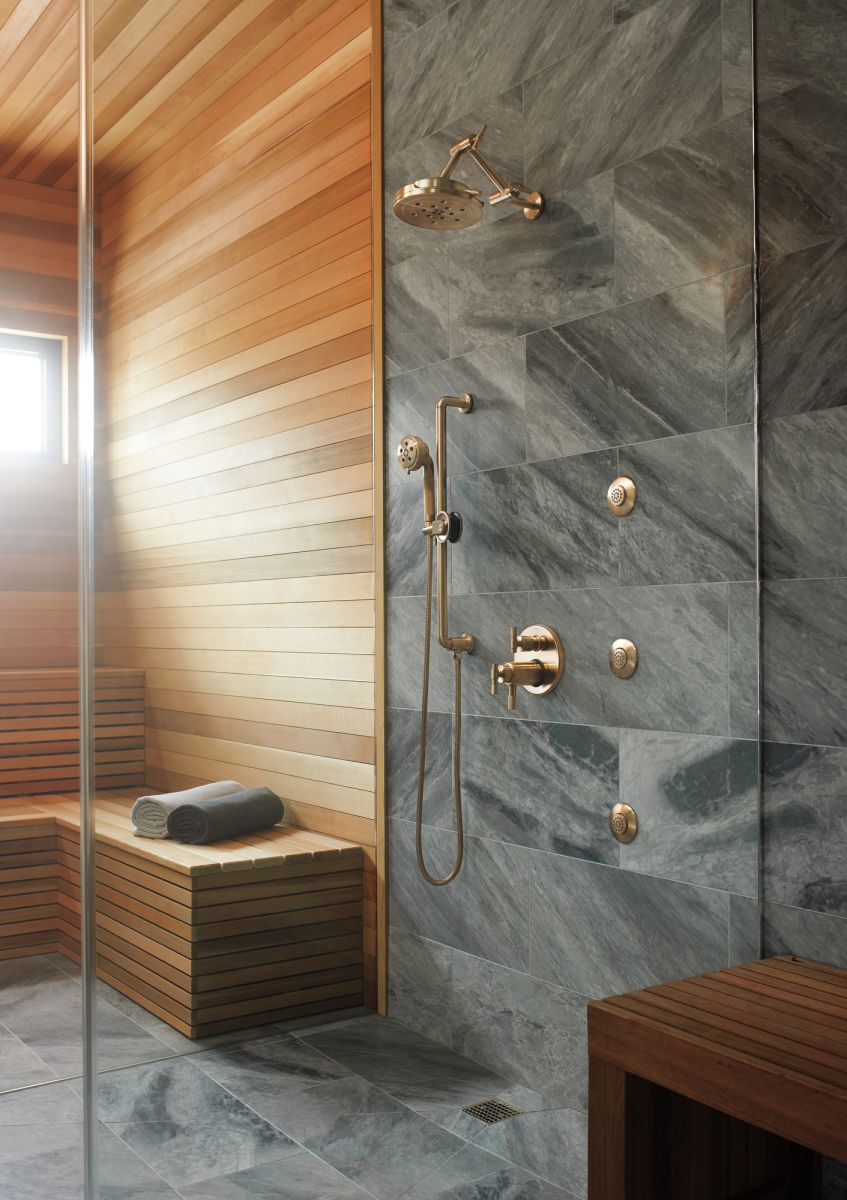 BRIZO Essential Shower Linear Round Jointed Wall Mount Shower Arm And Flange — Luxe Gold