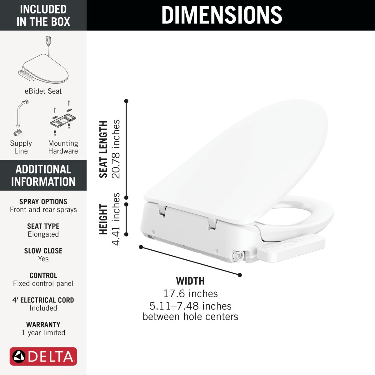 DELTA Refresh Standard Elongated Electric Bidet Toilet Seat — White