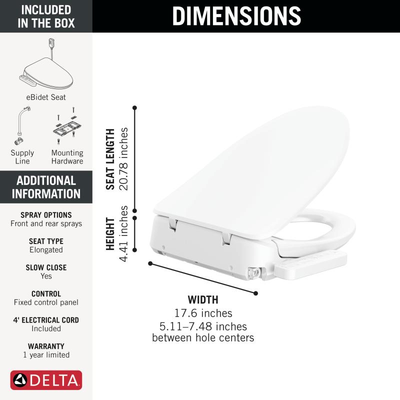 DELTA Refresh Standard Elongated Electric Bidet Toilet Seat — White