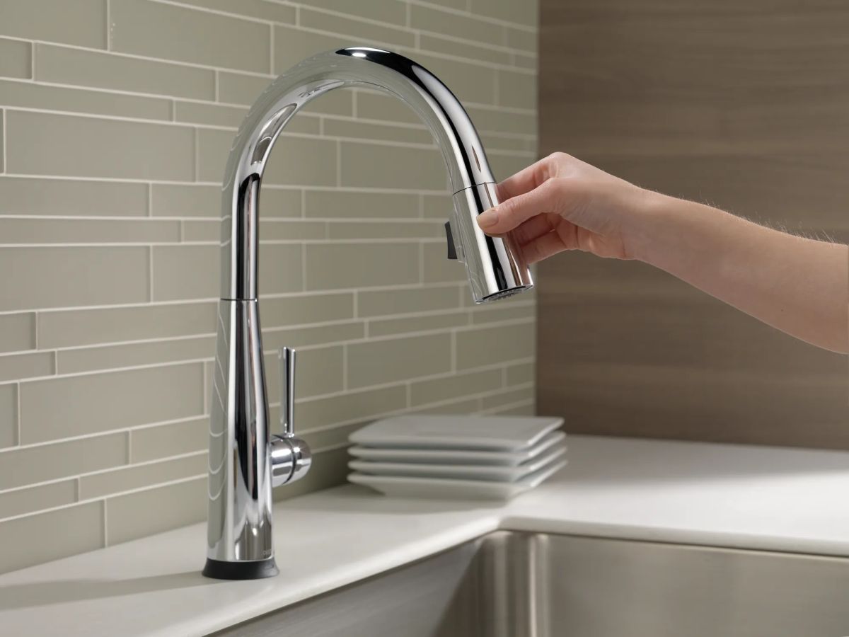 DELTA Essa Single Handle Pull-Down Kitchen Faucet with Touch2O Technology — Chrome
