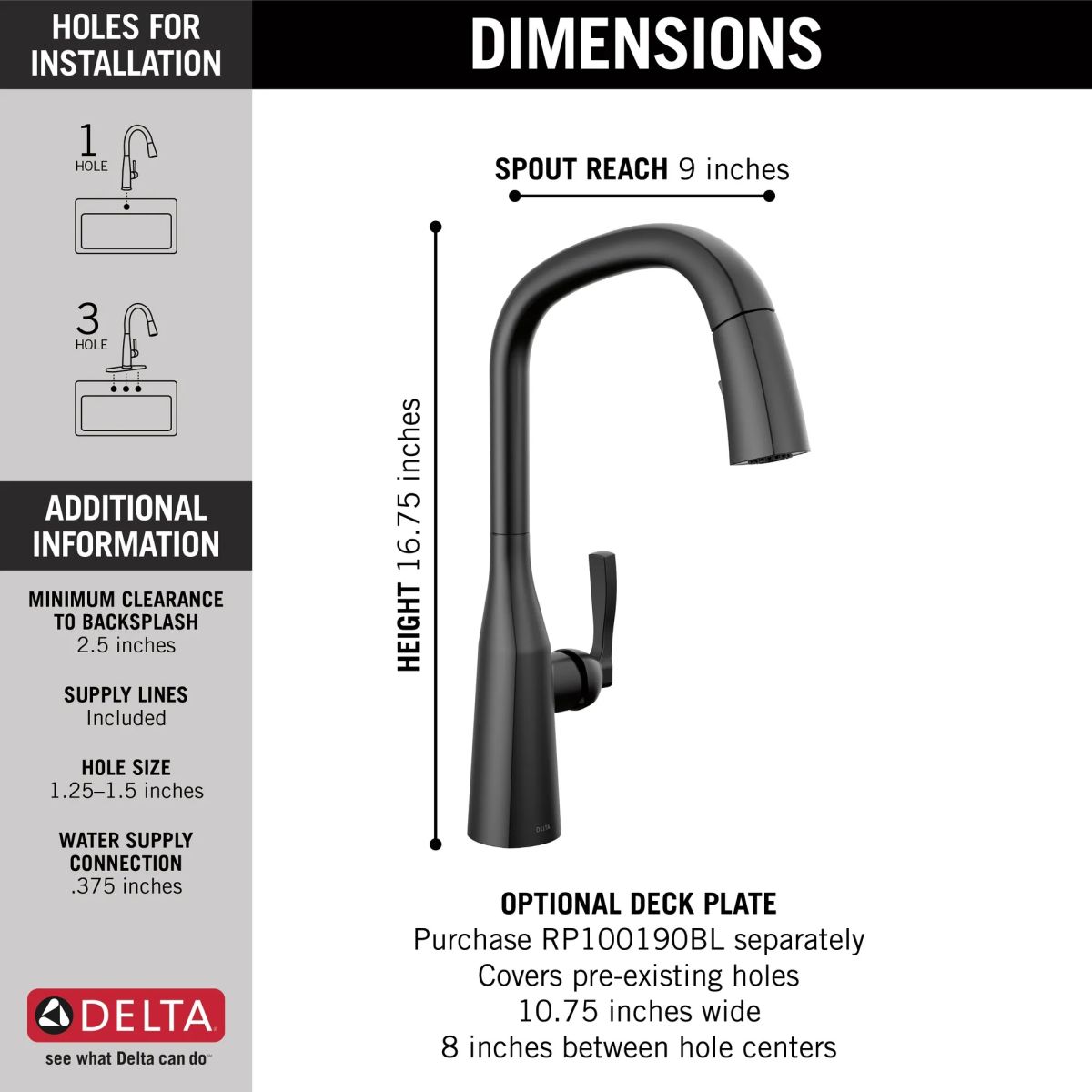 DELTA Stryke Single Handle Pull-Down Kitchen Faucet — Matte Black