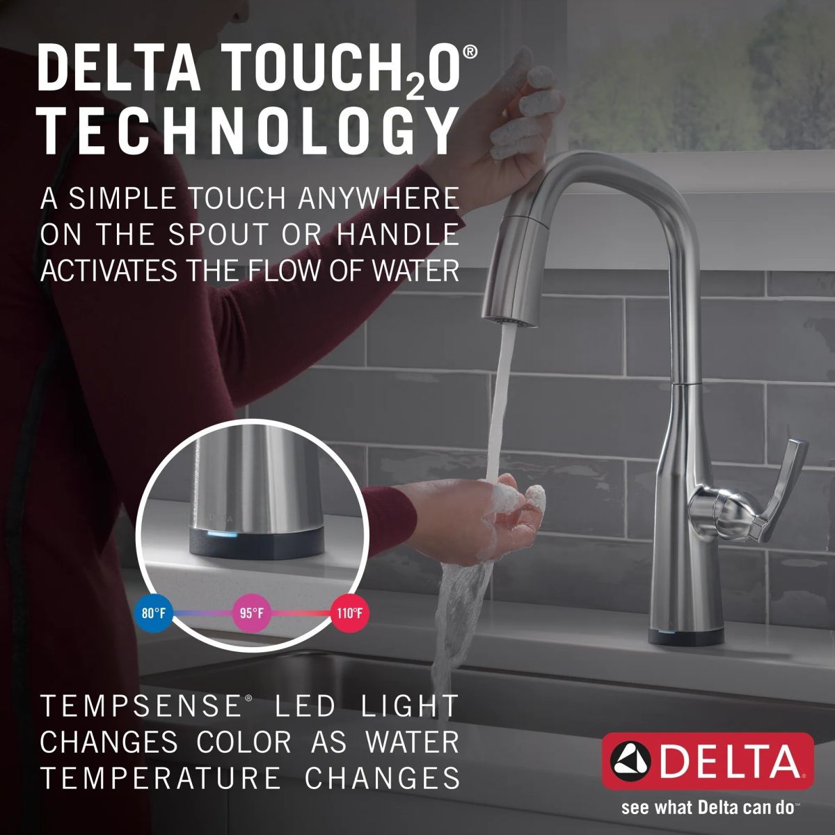 DELTA Stryke Single Handle Pull-Down Kitchen Faucet with Touch2O Technology — Lumicoat® Arctic Stainless