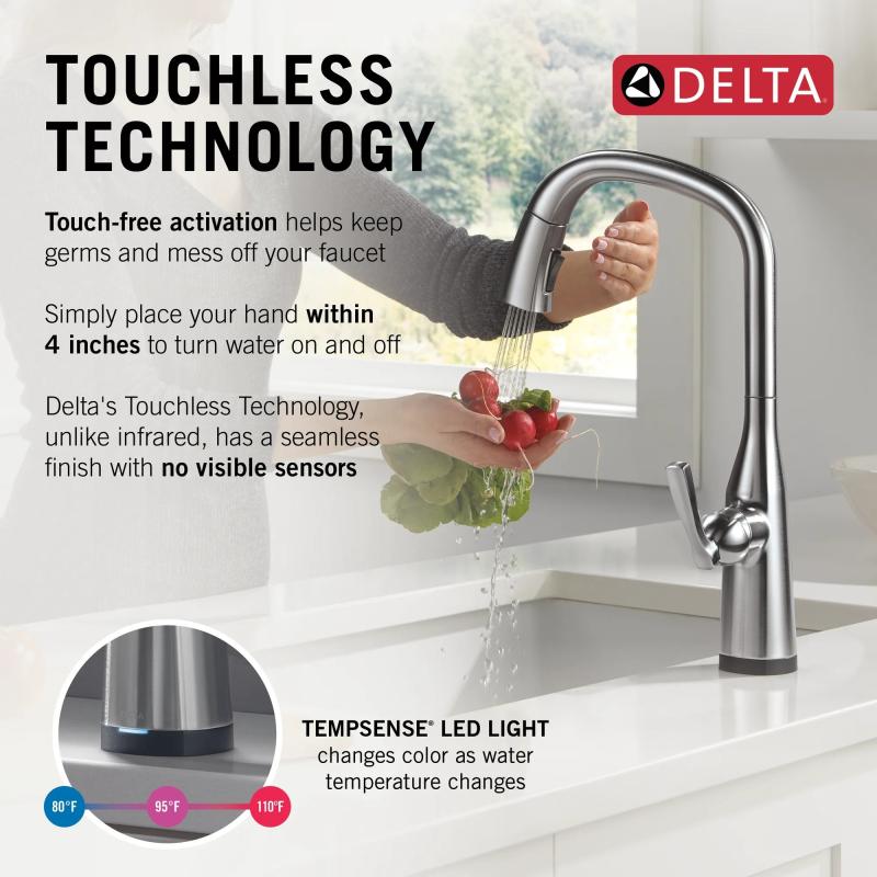 DELTA Stryke Touch2O Technology Kitchen Faucet with Touchless Technology — Lumicoat® Arctic Stainless