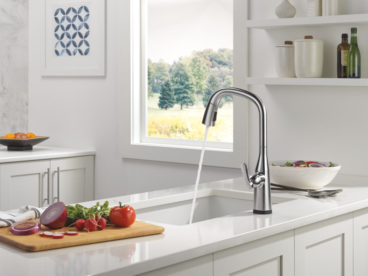 DELTA Stryke VoiceIQ Single Handle Pull-Down Faucet with Touch2O Technology — Lumicoat® Arctic Stainless