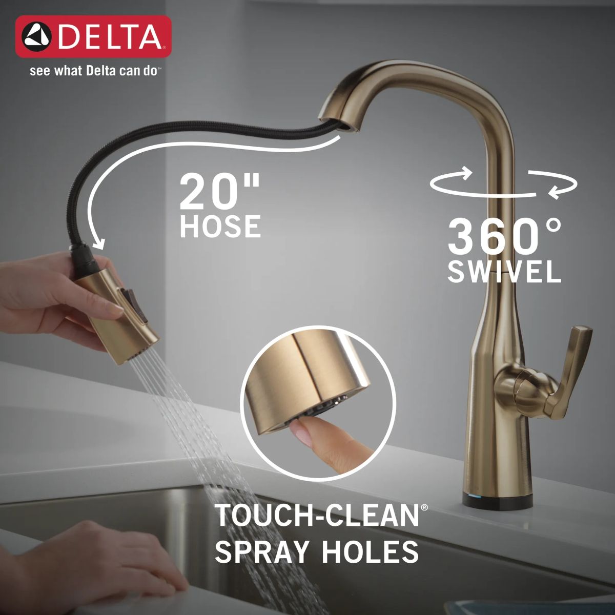 DELTA Stryke Touch2O  Pull-Down Kitchen w/ Voice — Lumicoat® Champagne Bronze