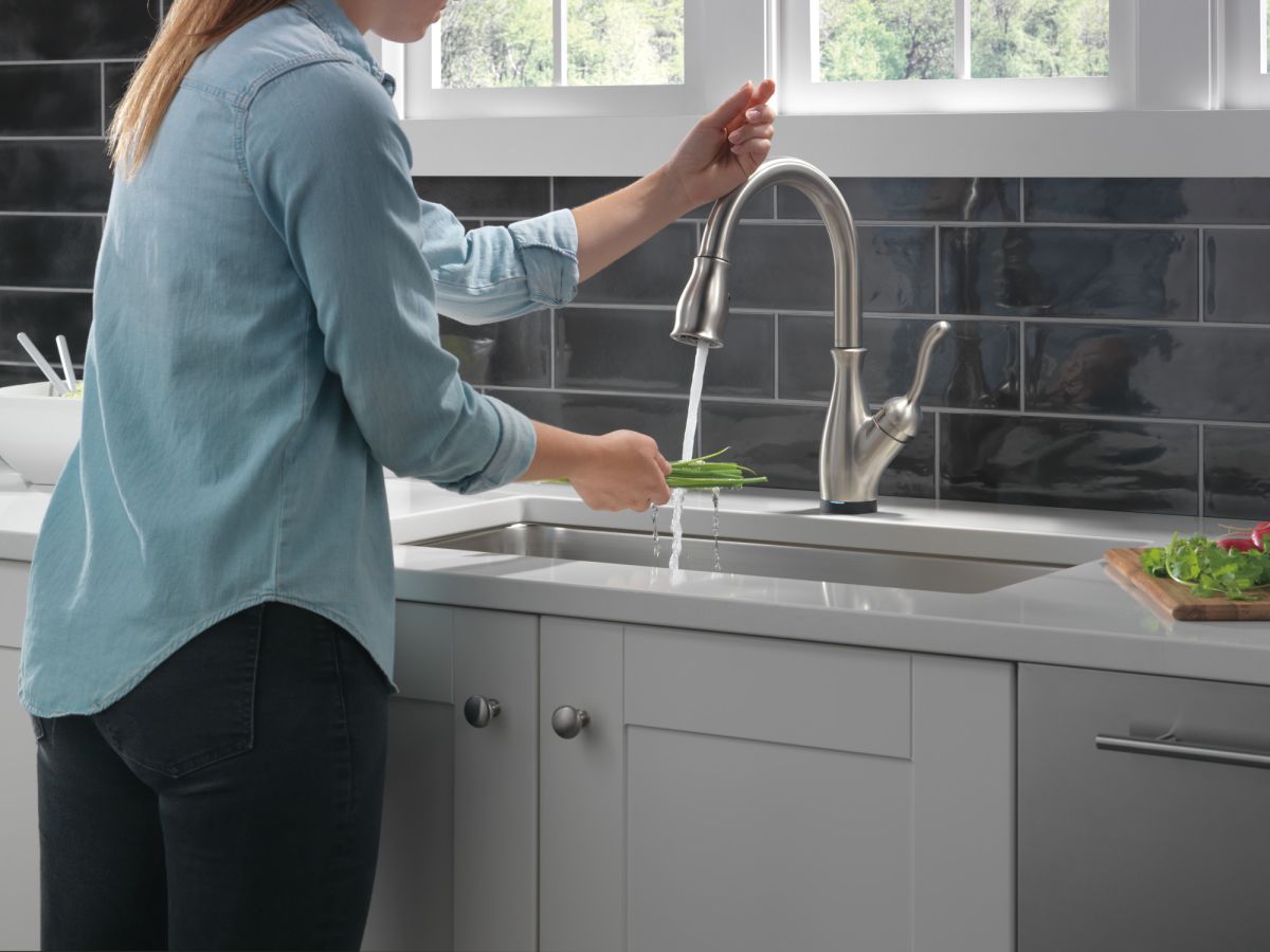 DELTA Leland Single Handle Pull-Down Kitchen Faucet with Touch2O and ShieldSpray Technologies — Spotshield Stainless