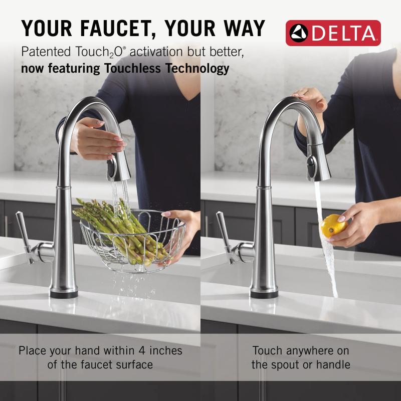 DELTA Emmeline Touch2O Technology Kitchen Faucet with Touchless Technology — Lumicoat® Arctic Stainless