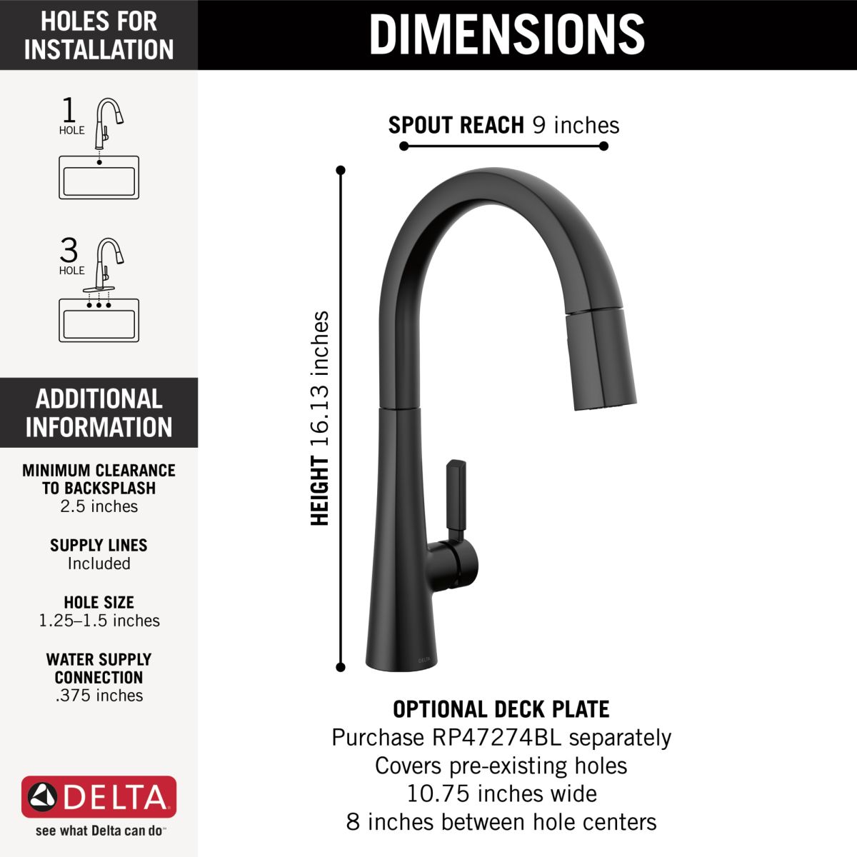 DELTA Monrovia Single Handle Pull-Down Kitchen Faucet — Matte Black