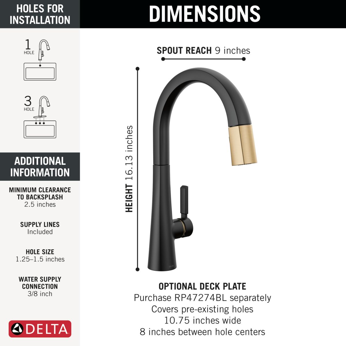 DELTA Monrovia Single Handle Pull-Down Kitchen Faucet — Matte Black / Champagne Bronze