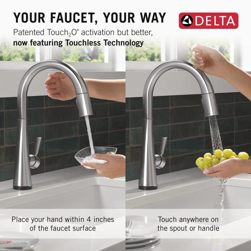 DELTA Monrovia Touch2O Technology Kitchen Faucet with Touchless Technology — Lumicoat® Arctic Stainless