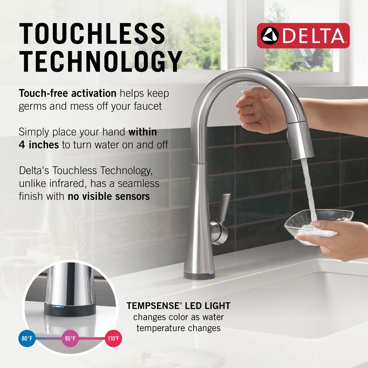 DELTA Monrovia Touch2O Technology Kitchen Faucet with Touchless Technology — Lumicoat® Arctic Stainless