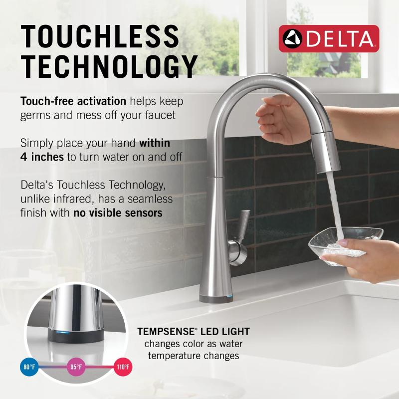 DELTA Monrovia Touch2O Technology Kitchen Faucet with Touchless Technology — Lumicoat® Arctic Stainless