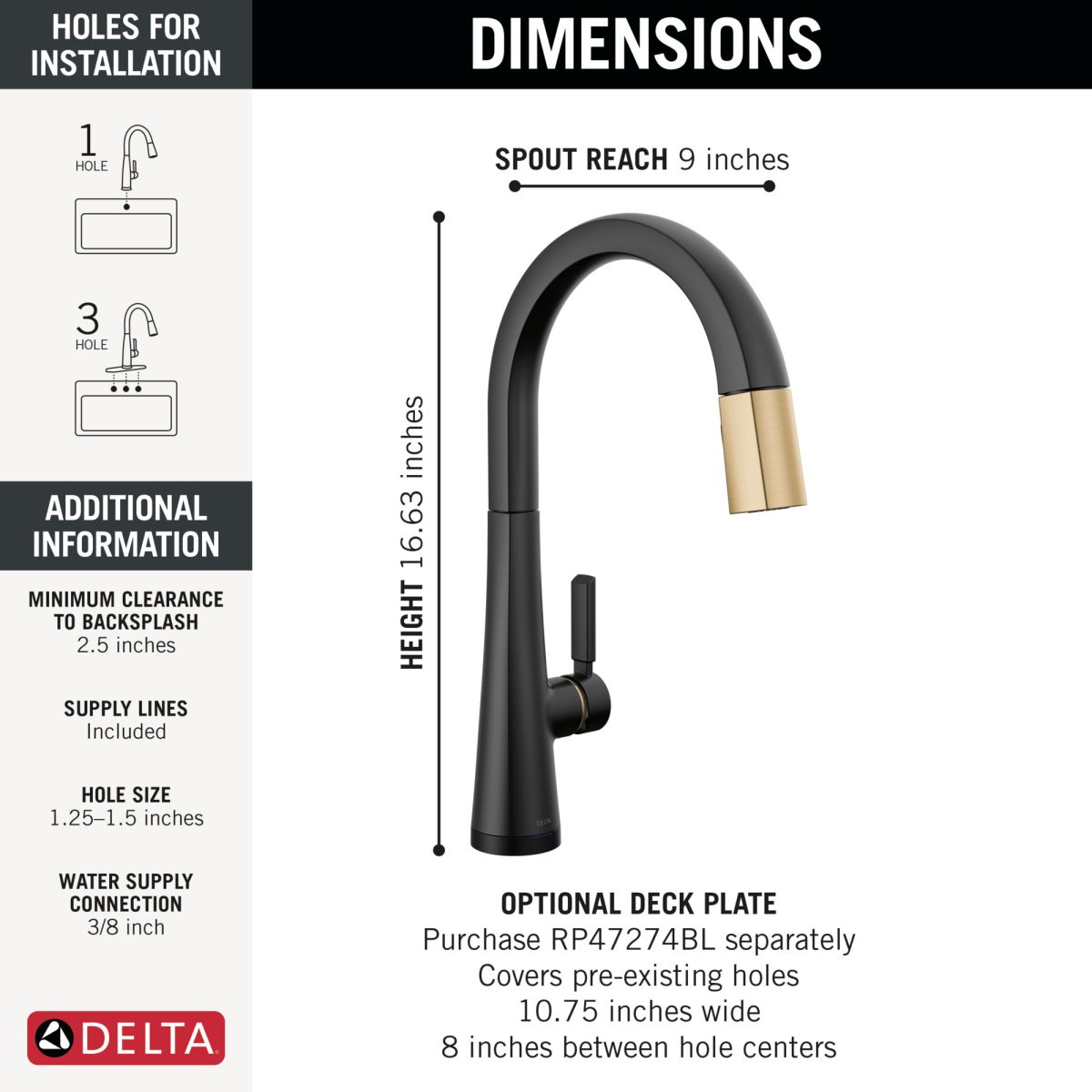 DELTA Monrovia Touch2O Technology Kitchen Faucet with Touchless Technology — Matte Black / Champagne Bronze
