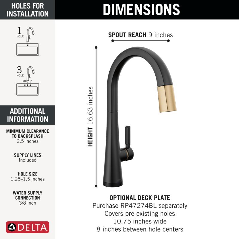 DELTA Monrovia Touch2O Technology Kitchen Faucet with Touchless Technology — Matte Black / Champagne Bronze