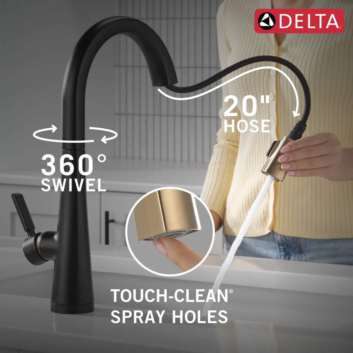 DELTA Monrovia Touch2O Technology Kitchen Faucet with Touchless Technology — Matte Black / Champagne Bronze