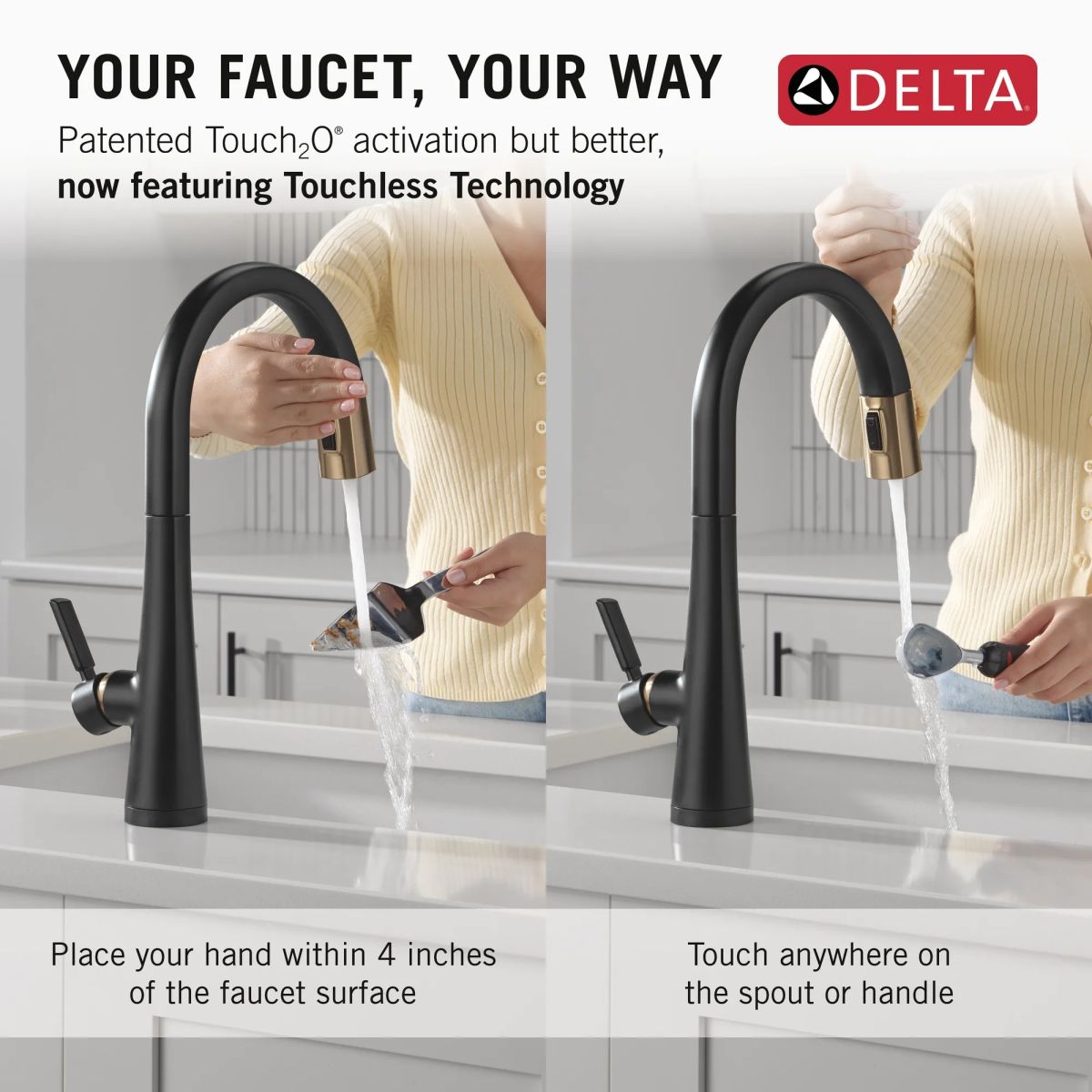 DELTA Monrovia Touch2O Technology Kitchen Faucet with Touchless Technology — Matte Black / Champagne Bronze