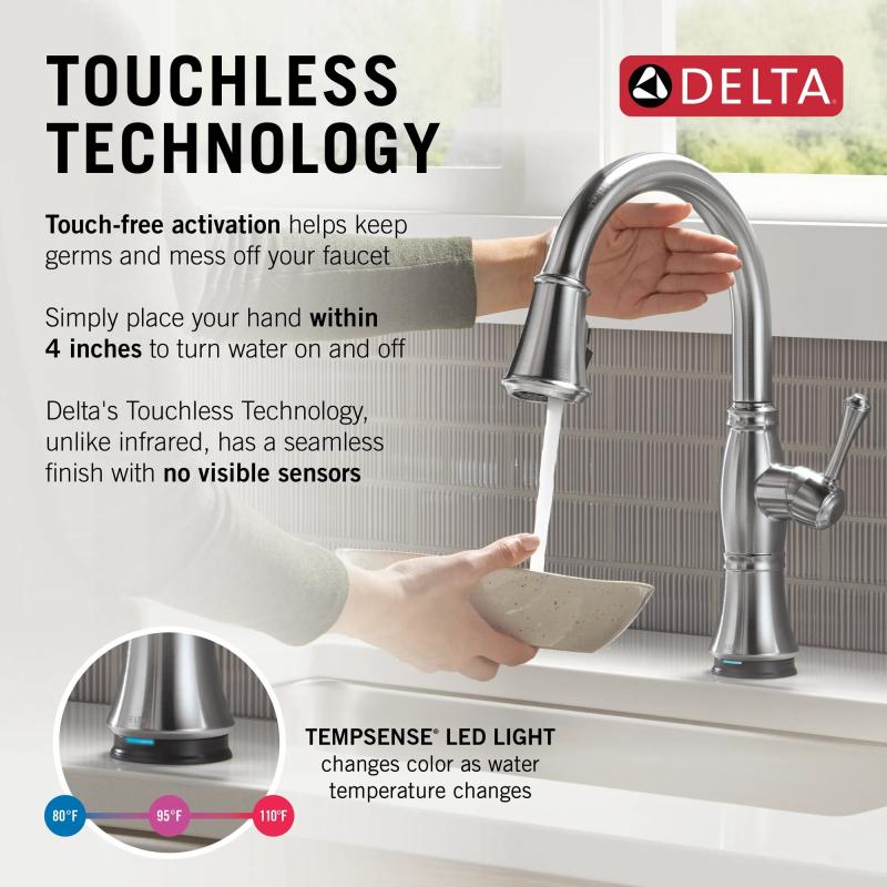 DELTA Cassidy Touch2O Technology Kitchen Faucet with Touchless Technology — Lumicoat® Arctic Stainless