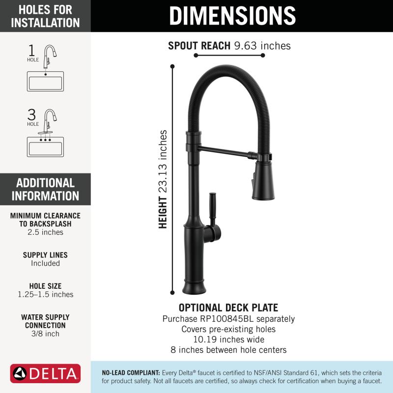 DELTA Renaldi Single-Handle Pull-Down Spring Kitchen Faucet — Matte Black