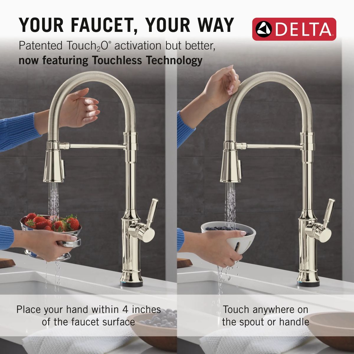 DELTA Renaldi Touch2O Technology Kitchen Faucet with Touchless Technology — Lumicoat® Polished Nickel