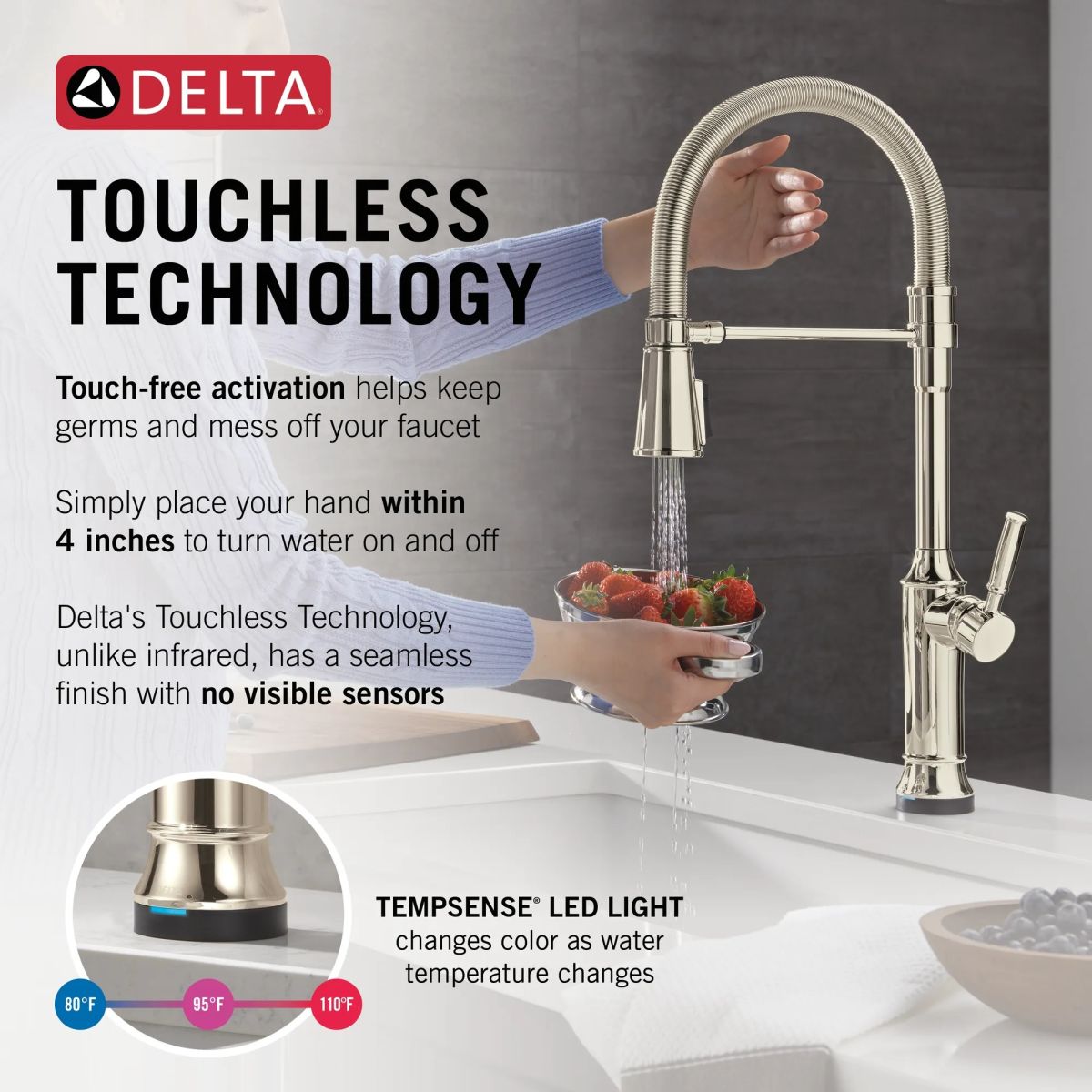 DELTA Renaldi Touch2O Technology Kitchen Faucet with Touchless Technology — Lumicoat® Polished Nickel