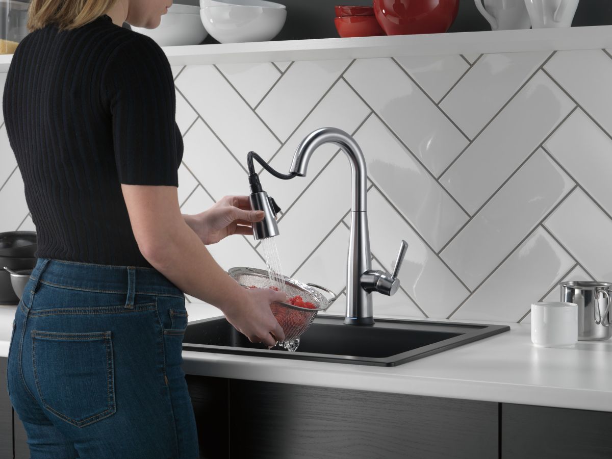 DELTA Essa Single Handle Pull-Down Bar / Prep Faucet with Touch2O Technology — Arctic Stainless