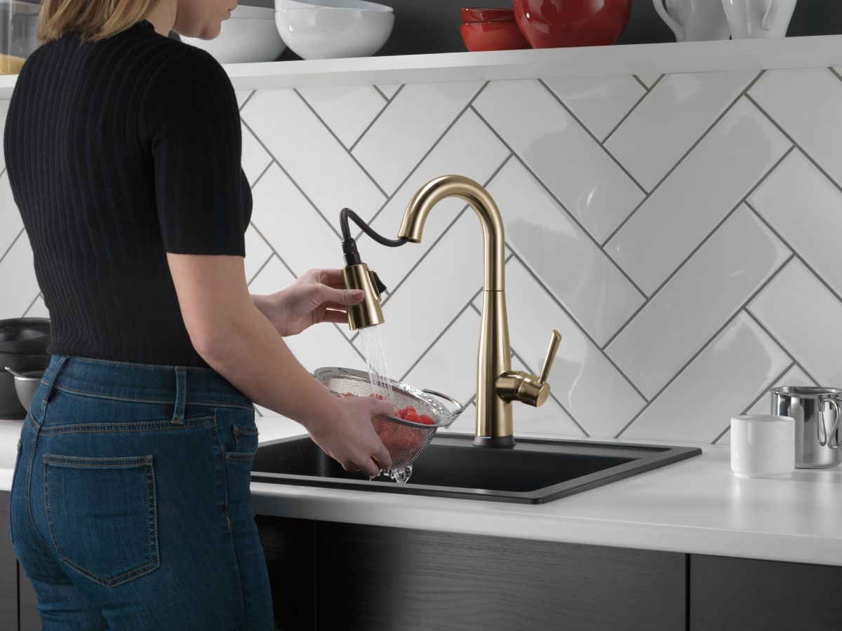 DELTA Essa Single Handle Pull-Down Bar/Prep Faucet with Touch2O Technology — Champagne Bronze