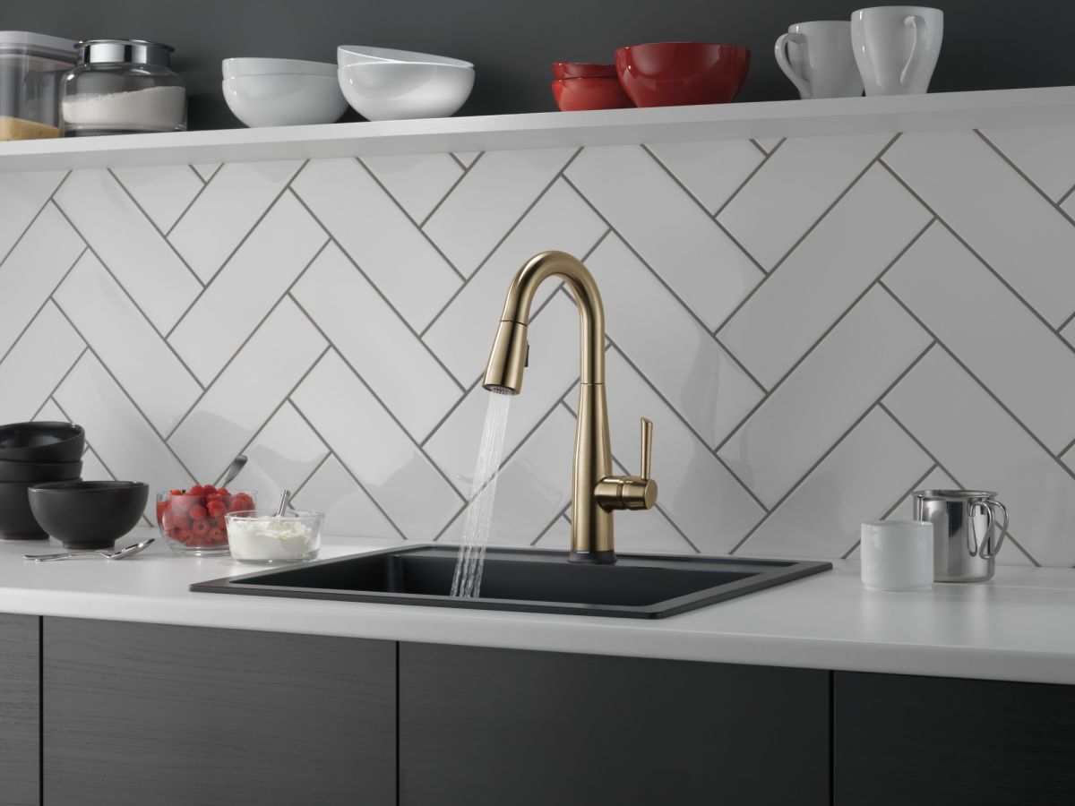 DELTA Essa Single Handle Pull-Down Bar/Prep Faucet with Touch2O Technology — Champagne Bronze