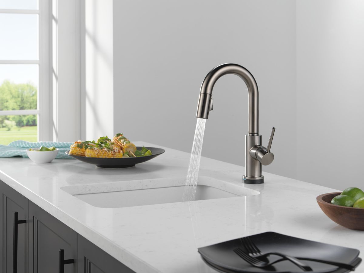 DELTA Trinsic Single Handle Pull-Down Bar/Prep Faucet with Touch — Black Stainless