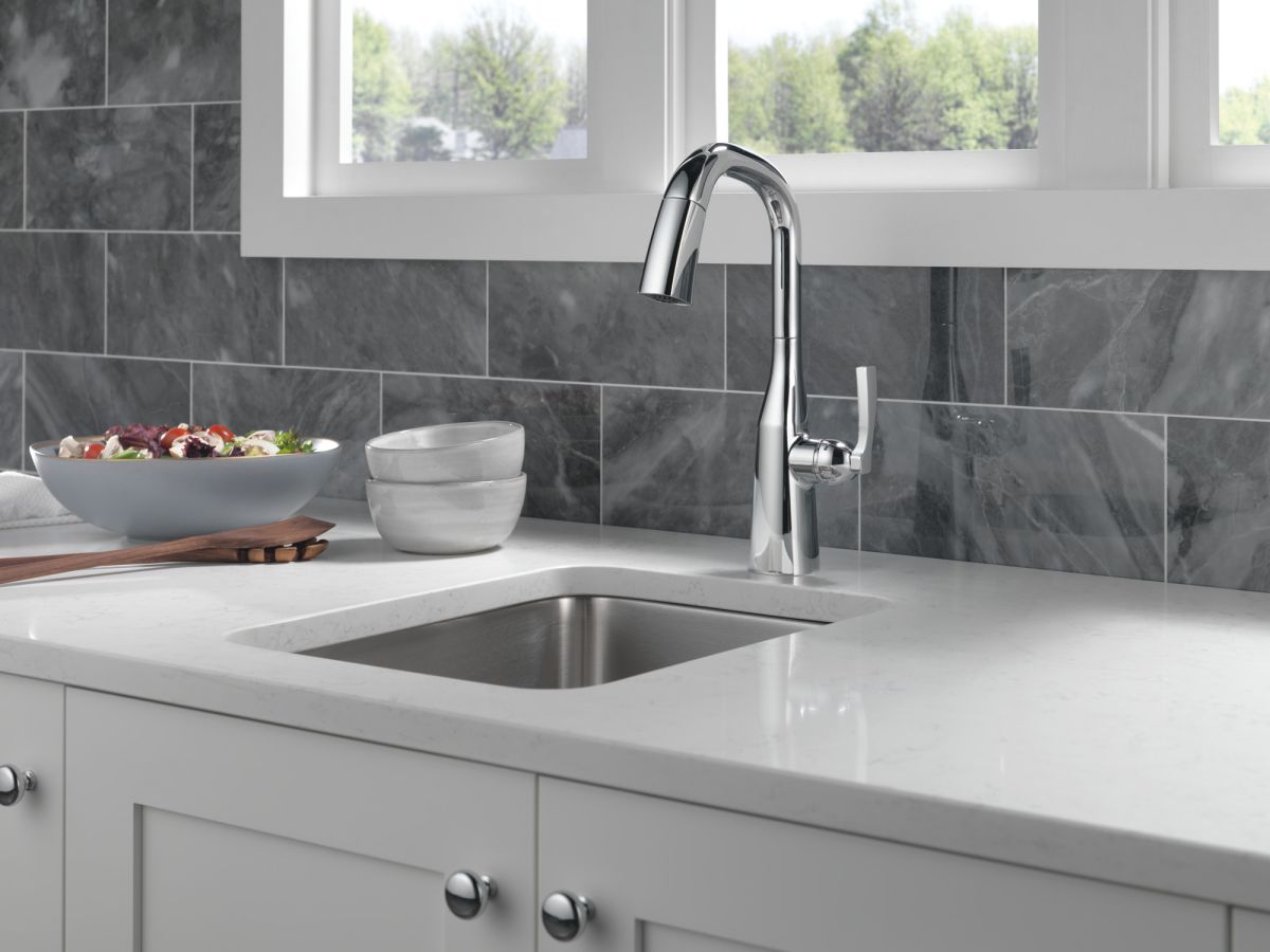 DELTA Stryke Single Handle Pull-Down Bar/Prep Faucet — Lumicoat® Chrome