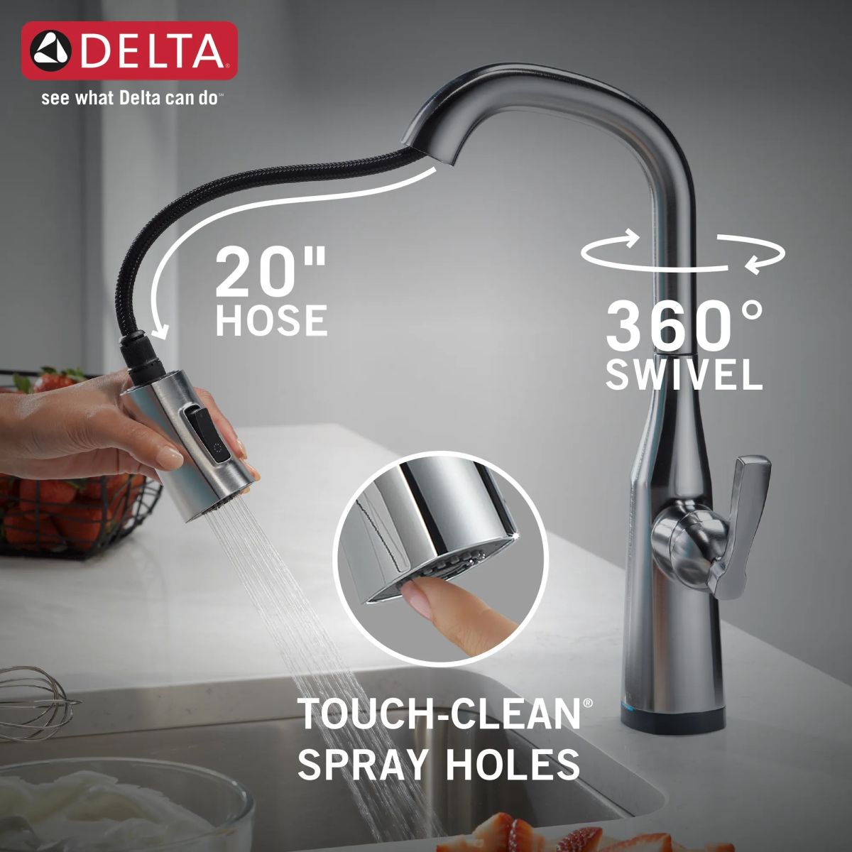 DELTA Stryke Single Handle Pull-Down Bar/Prep Faucet with Touch2O Technology — Lumicoat® Arctic Stainless