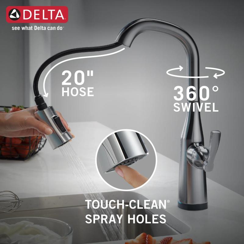 DELTA Stryke Single Handle Pull-Down Bar/Prep Faucet with Touch2O Technology — Lumicoat® Arctic Stainless