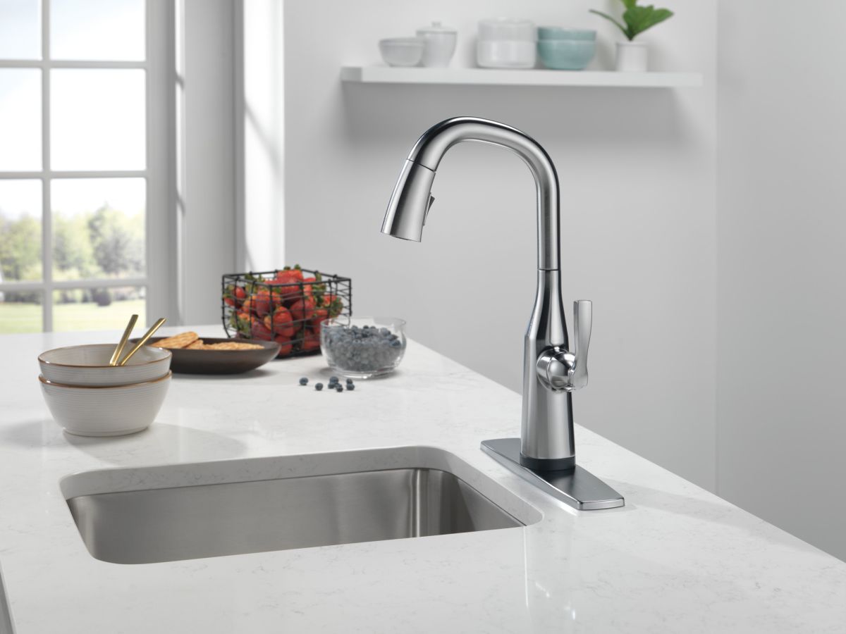 DELTA Stryke Single Handle Pull-Down Bar/Prep Faucet with Touch2O Technology — Lumicoat® Arctic Stainless