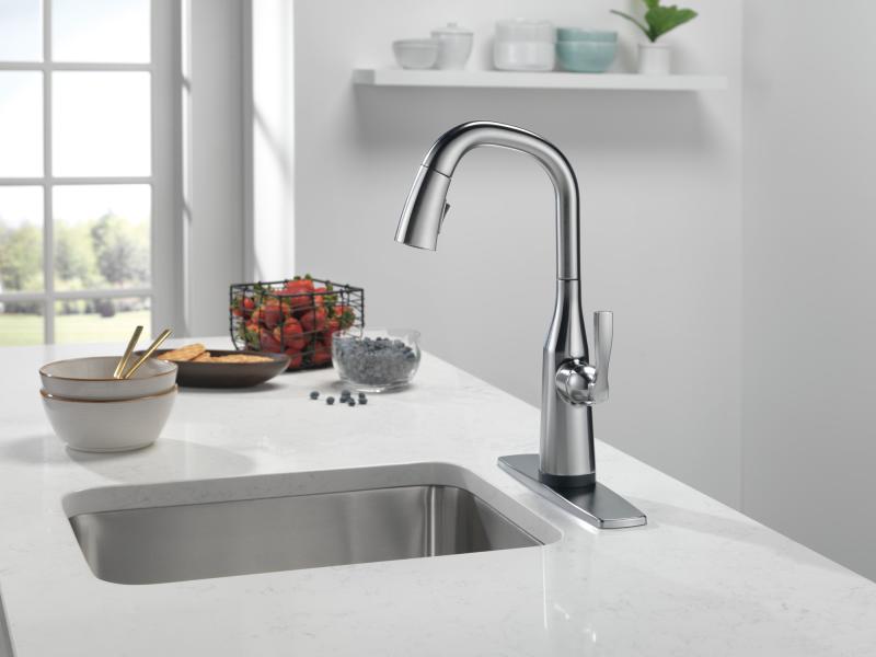 DELTA Stryke Single Handle Pull-Down Bar/Prep Faucet with Touch2O Technology — Lumicoat® Arctic Stainless
