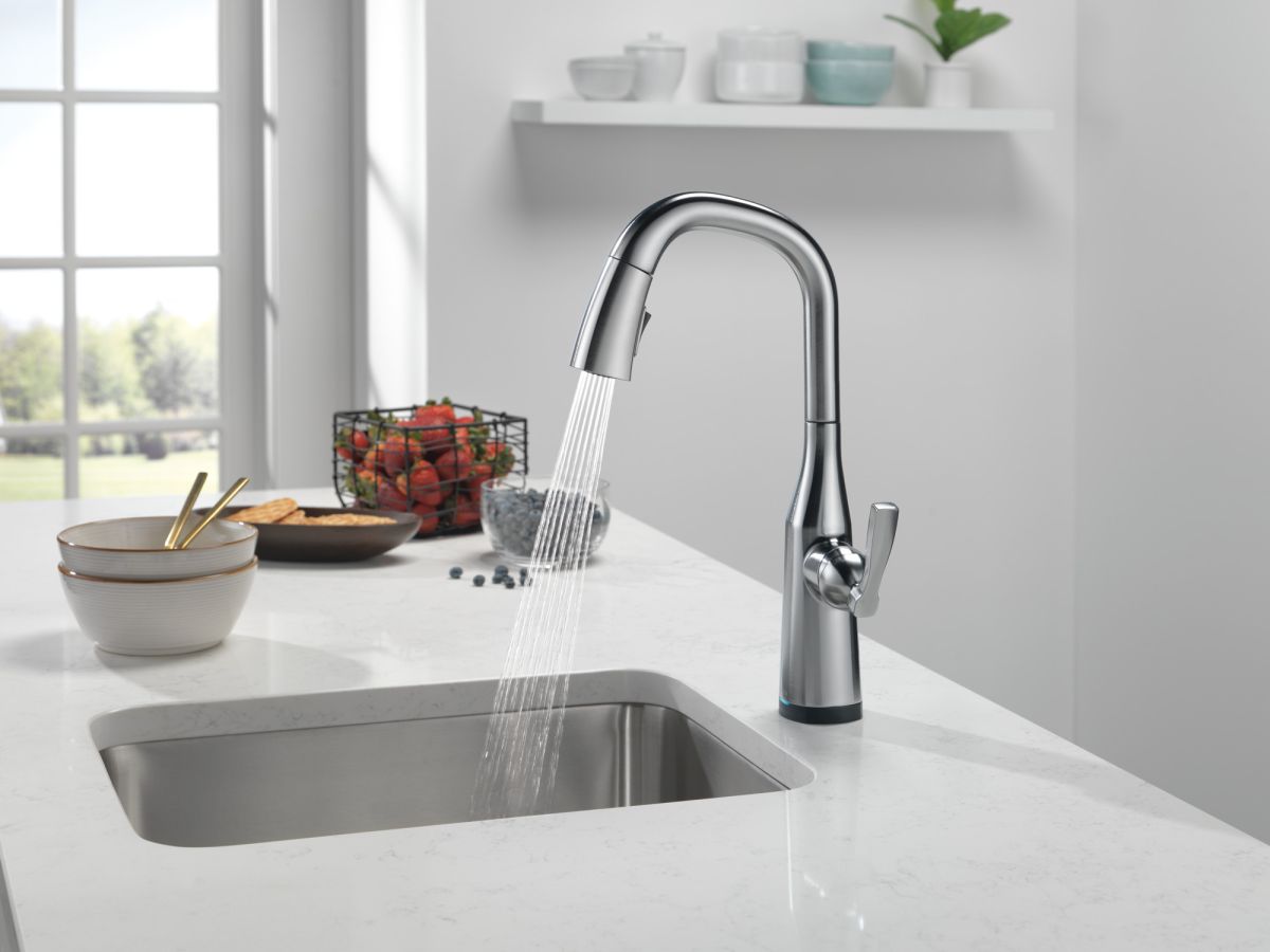 DELTA Stryke Single Handle Pull-Down Bar/Prep Faucet with Touch2O Technology — Lumicoat® Arctic Stainless